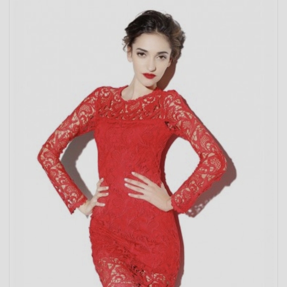 Ambiance Dresses & Skirts - Ambiance red lace stretchy knee length dress sz large *A1